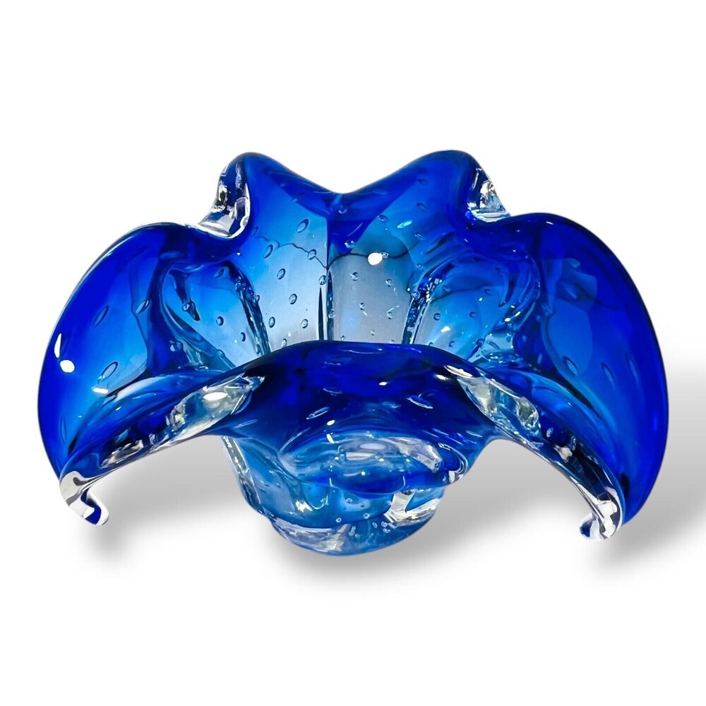Murano Cobalt Art Glass Bowl Bullicante Barovier Toso Rolled Edge Flower Dish